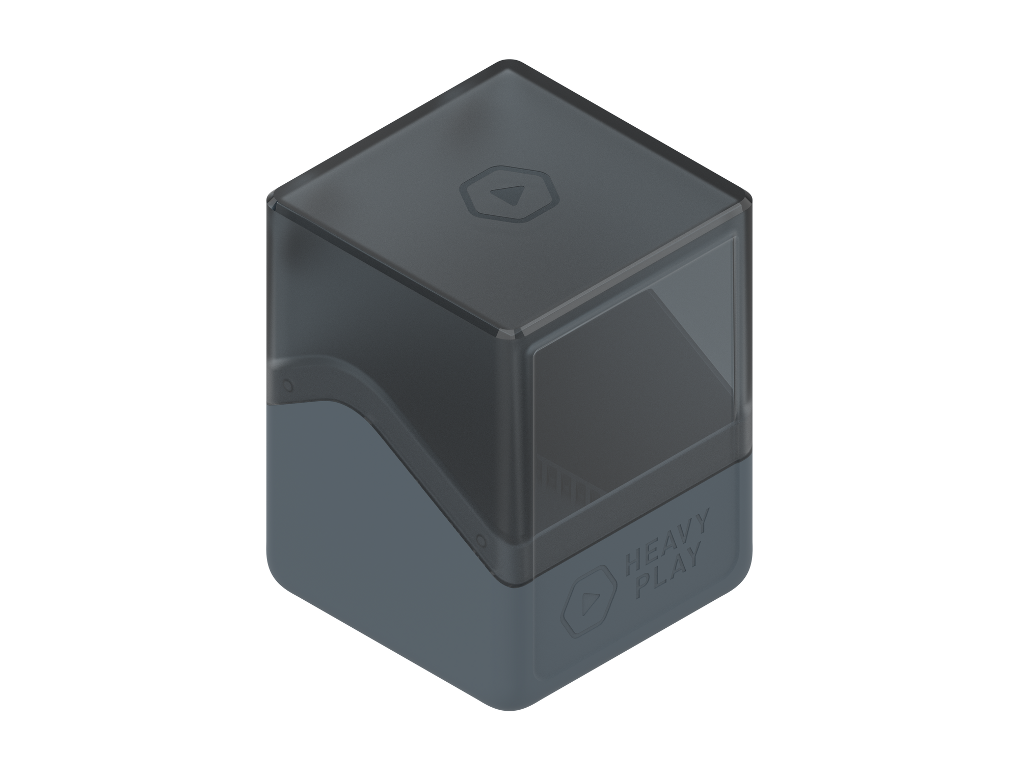 Gray cube container with transparent top, "HEAVY PLAY" text, and play button logo.
