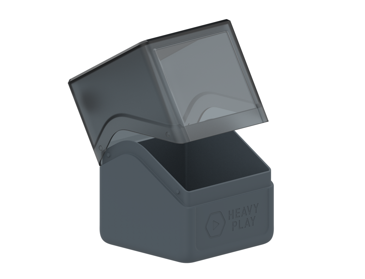 An opened Artificer Grey Heavy Play RFG Deckbox for 80 Double Sleeved Cards showing its empty interior and translucent lid