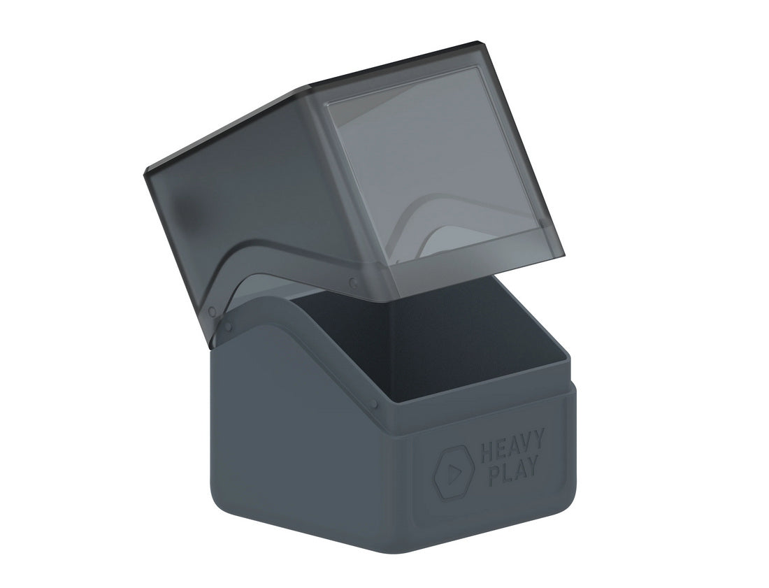 Dark grey plastic storage box with an open, translucent hinged lid, showing the &#39;HEAVY PLAY&#39; logo