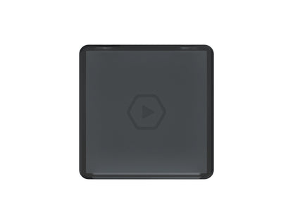 Dark gray square tile with rounded corners, featuring a subtle hexagonal play icon in the center