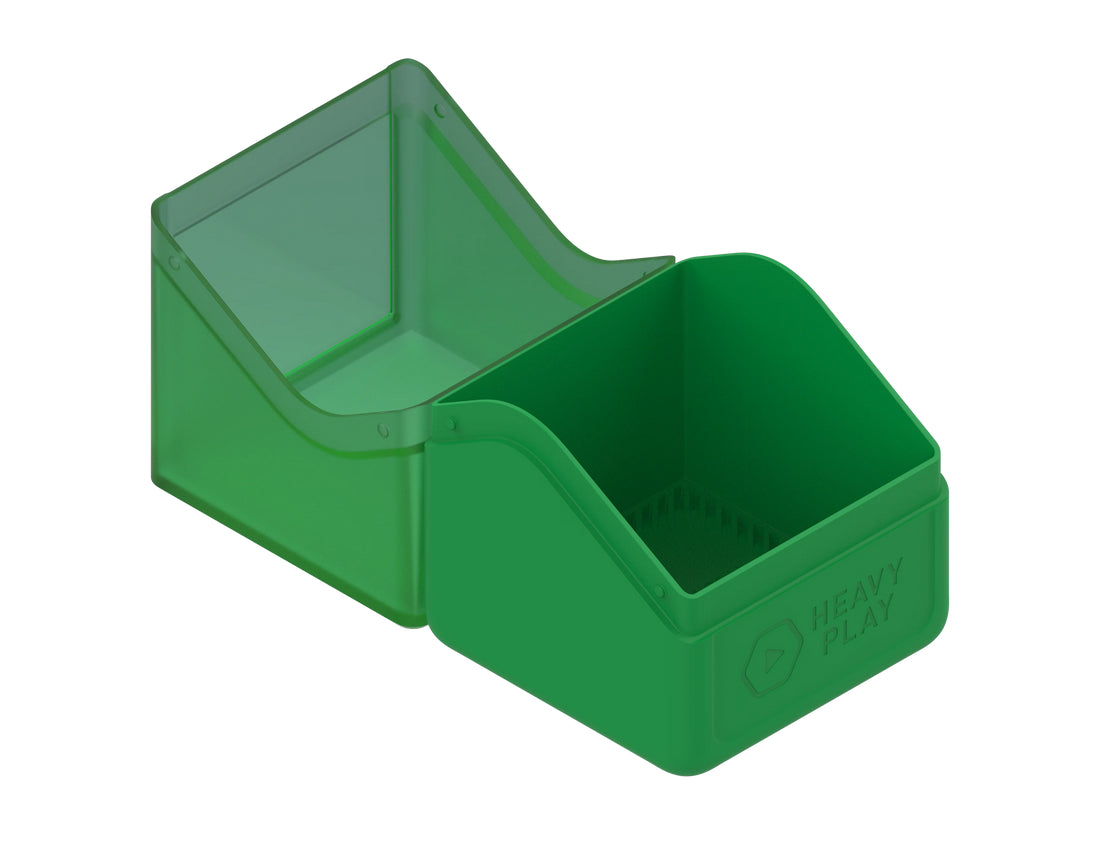 An open green deck box with a translucent lid, revealing the embossed &quot;HEAVY PLAY&quot; logo