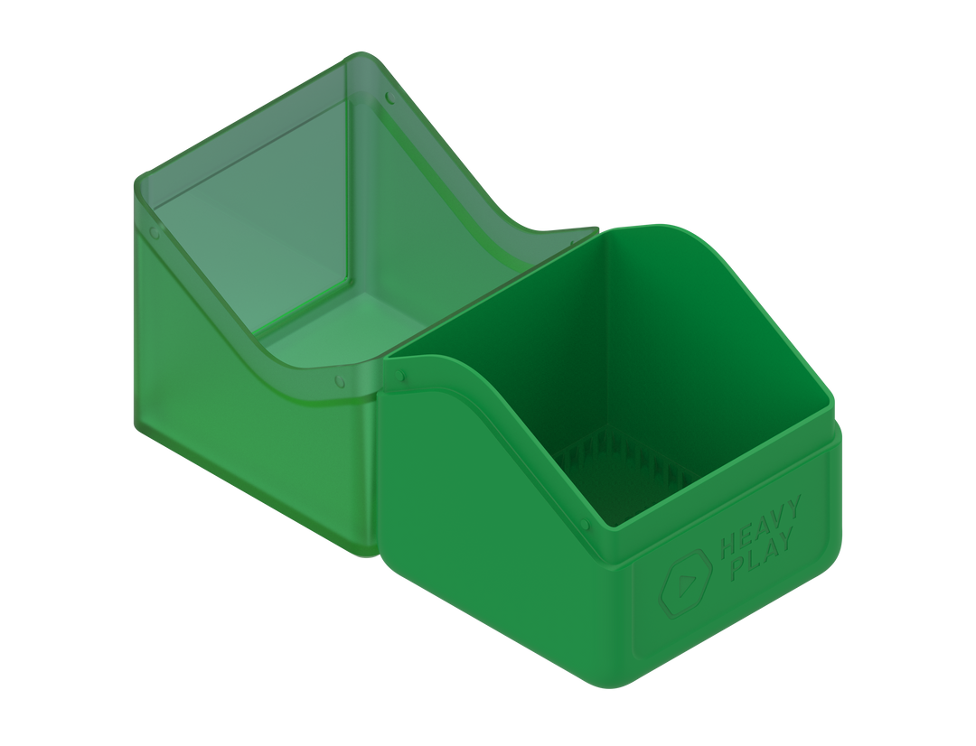 Open Druid green hinged box, transparent lid, opaque base with &quot;HEAVY PLAY&quot; text