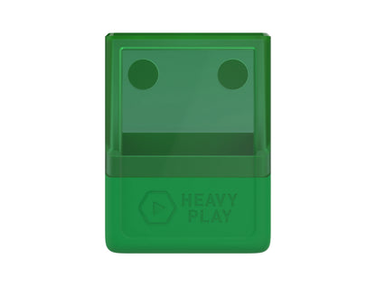 Green rectangular box with a transparent top, two dark circular indents, and 'HEAVY PLAY' branding on its solid base