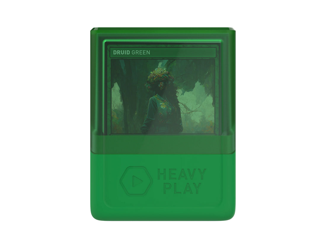 Green card case displaying a &quot;Druid Green&quot; fantasy art card of a person with a leafy headdress