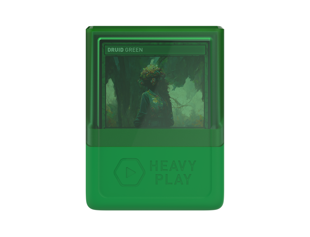 A Druid green &quot;Heavy Play&quot; device shows a digital &quot;Druid Green&quot; card featuring a person in a nature scene