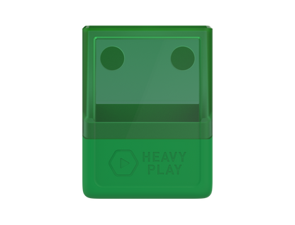 Druid green deck box, translucent on top with two round indents resembling eyes, and 'HEAVY PLAY' embossed on the front