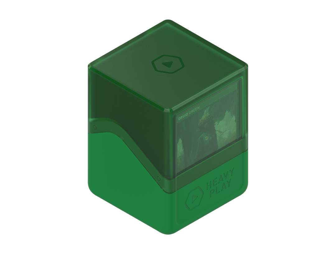 A Druid green deck box with a translucent top, showcasing a &quot;Druid Green&quot; card and &quot;Heavy Play&quot; branding
