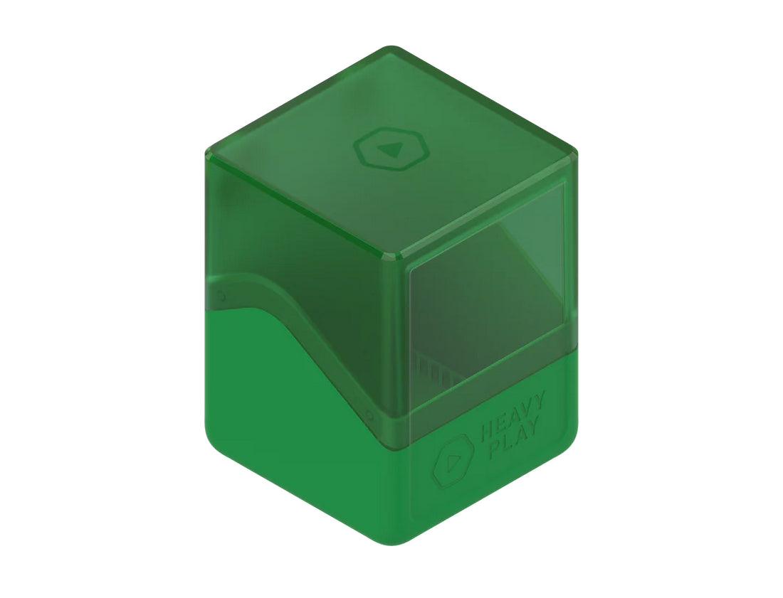 A green deck box with a translucent top and opaque bottom, featuring &#39;HEAVY PLAY&#39; branding