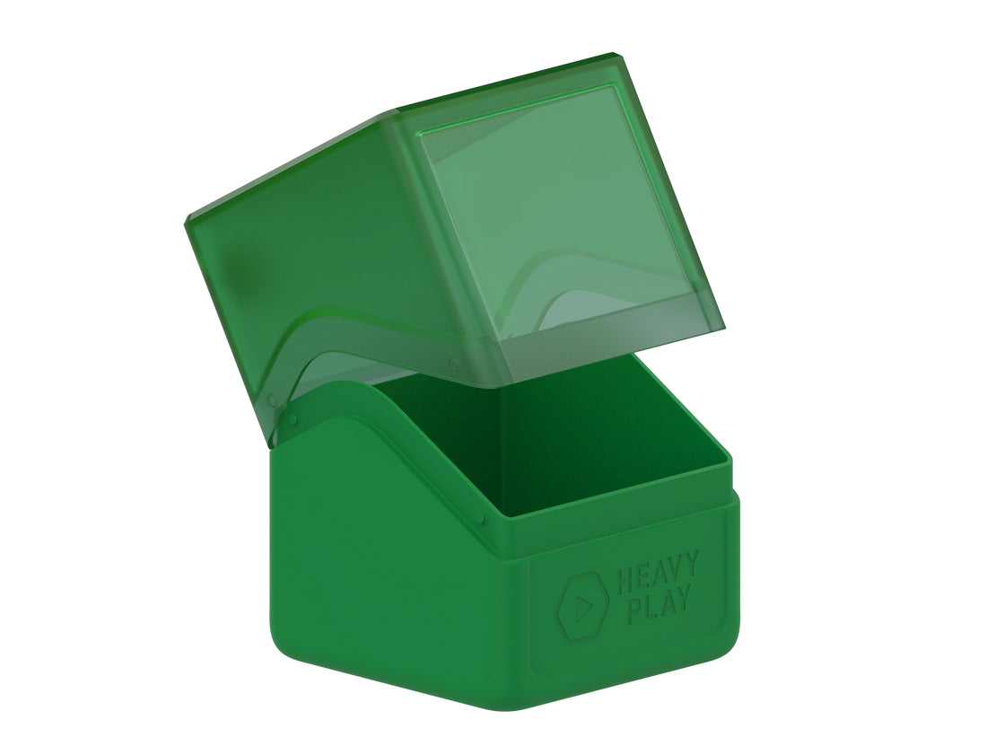 Green deck box with translucent lid open, showing HEAVY PLAY logo