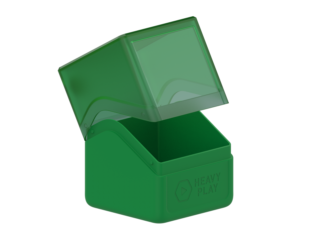 A druid green deck box with translucent lid open, showing empty interior. 'HEAVY PLAY' logo on front