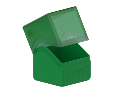A druid green deck box with translucent lid open, showing empty interior. 'HEAVY PLAY' logo on front