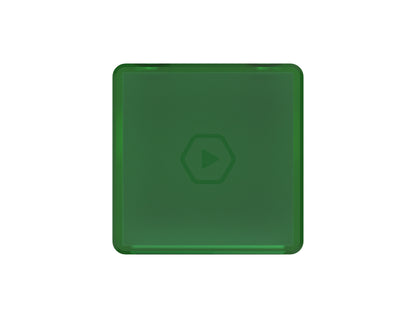 A dark green square with rounded corners features a subtle hexagonal play icon in its center