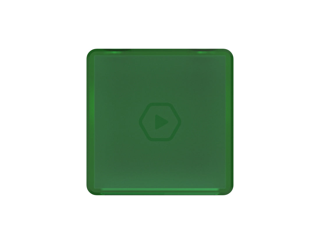 A dark green square with rounded corners features a subtle hexagonal play icon in its center