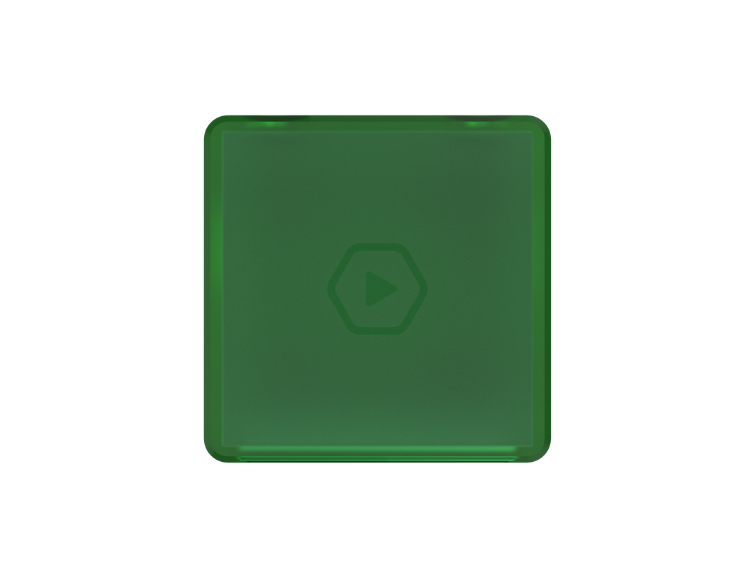 Glossy dark green rounded square button with a hexagonal play symbol on a gray background