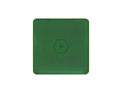 A druid green rounded square with a faint play icon in the center, on a grey background