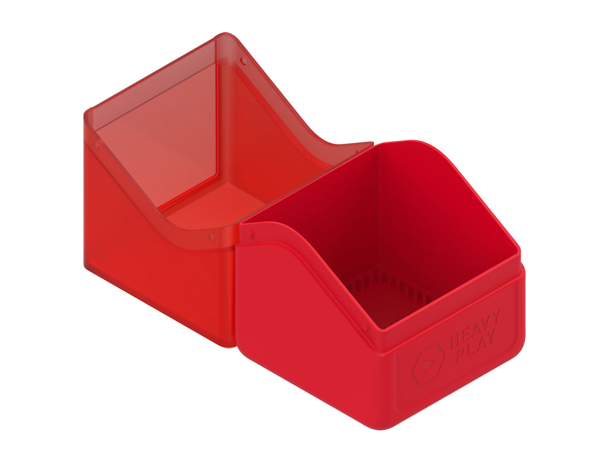 An open, hinged red plastic deck box, the left side is translucent and the opaque right side features &quot;HEAVY PLAY&quot; branding