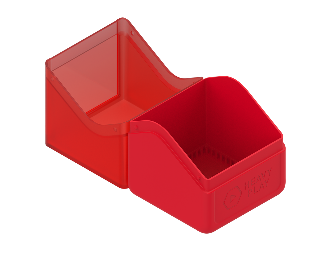An open shaman red hinged box. Its translucent lid folds back from the opaque base, which features a 'HEAVY PLAY' logo