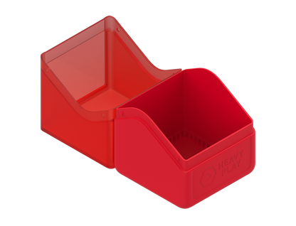 An open shaman red hinged box. Its translucent lid folds back from the opaque base, which features a 'HEAVY PLAY' logo