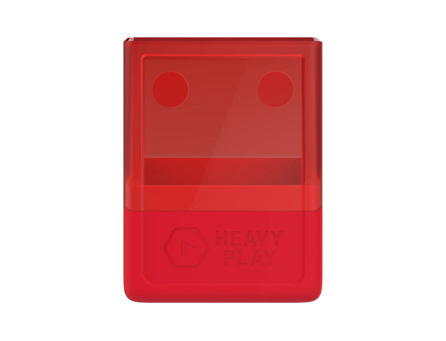 Red rectangular device with a translucent top showing two dark circles, and an opaque bottom embossed with 'HEAVY PLAY' text