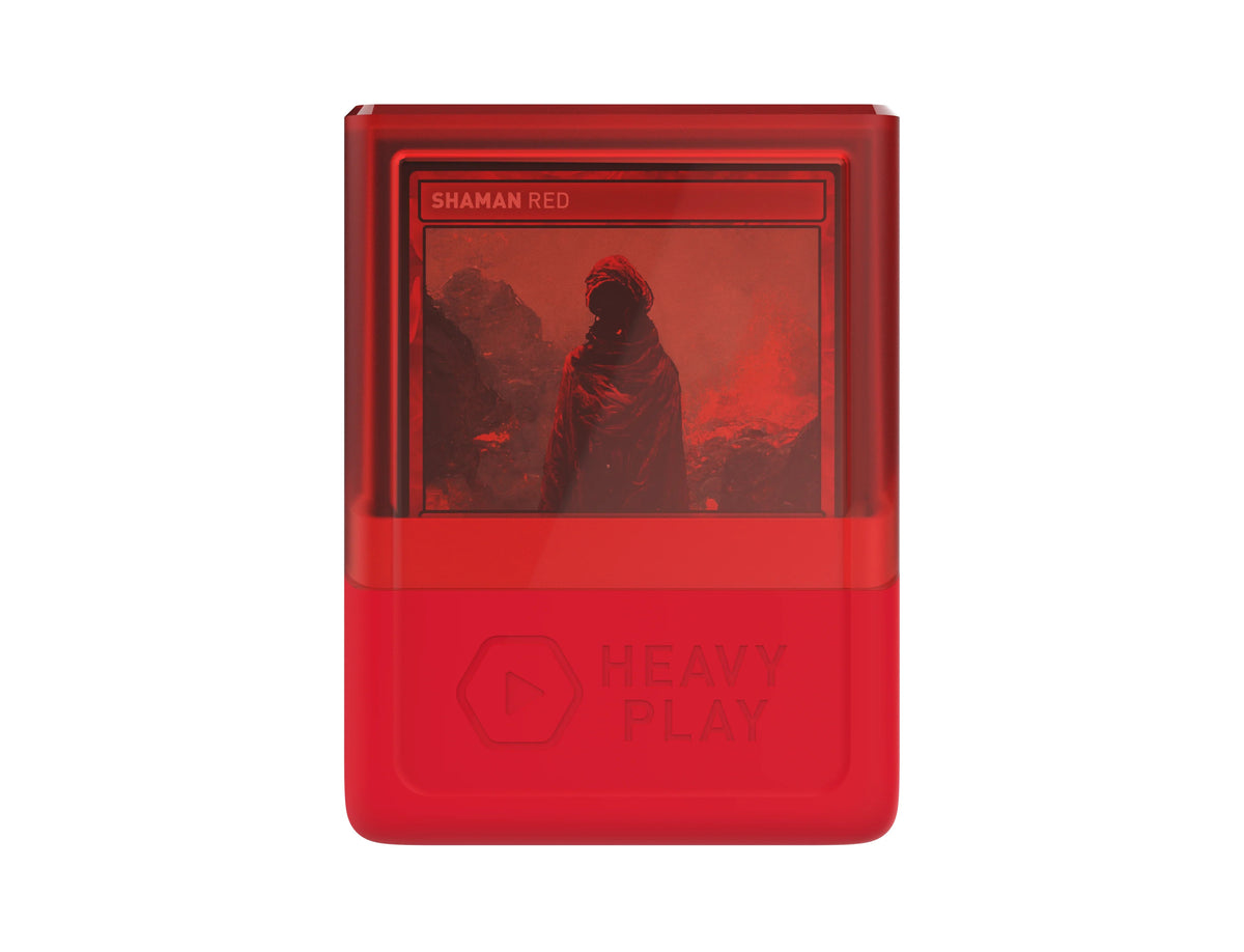 Red digital collectible with &quot;SHAMAN RED&quot; title, depicting a cloaked figure in a fiery red landscape, branded &quot;HEAVY PLAY&quot;