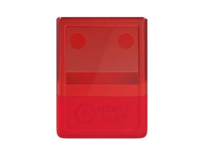 Shaman Red deck box with translucent top showing two opaque circles and dark shavings inside. Opaque base features 'HEAVY PLAY' logo