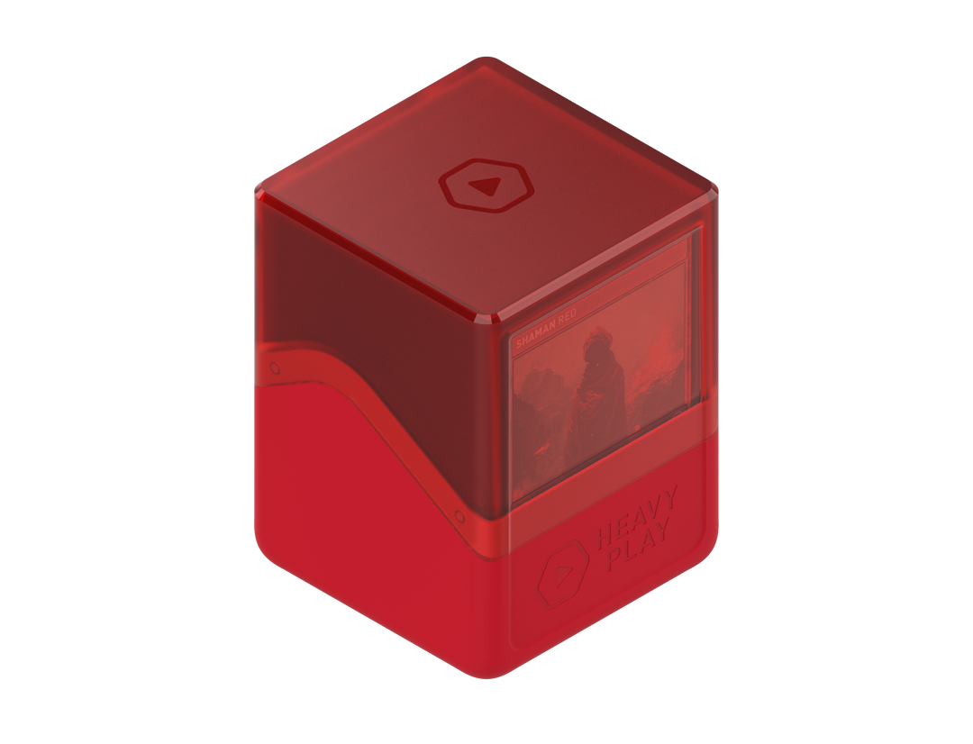 A red, partly translucent card deck box displaying &quot;Shaman Red&quot; card art through a clear panel and &quot;Heavy Play&quot; branding