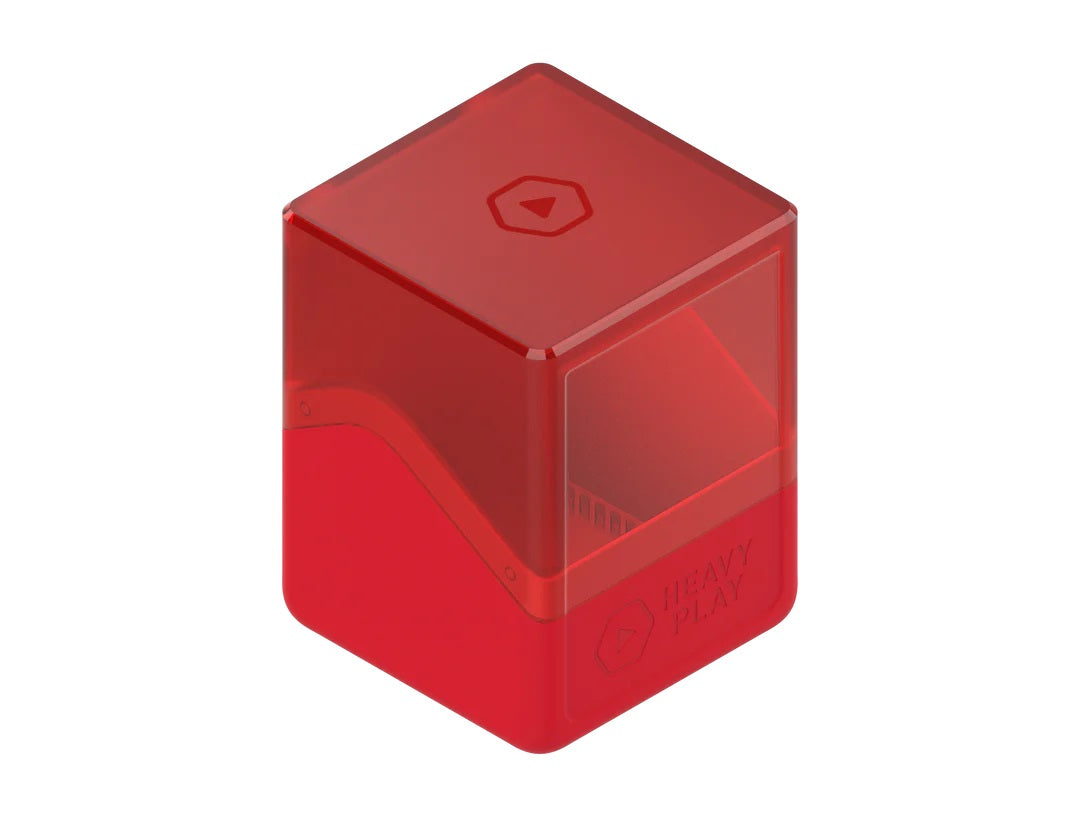 Red cuboid storage box with translucent top and &quot;HEAVY PLAY&quot; branding