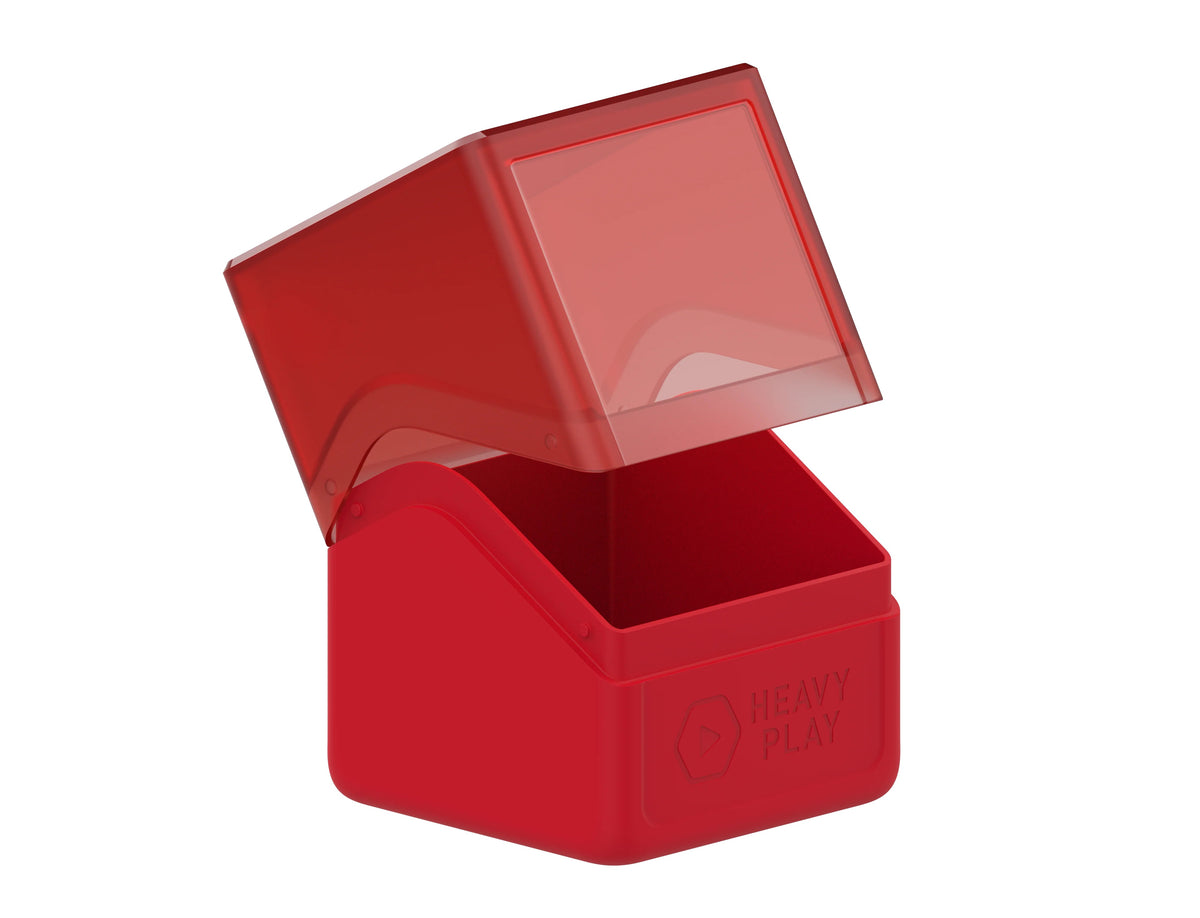Red deck box with translucent lid open, revealing empty interior, &#39;HEAVY PLAY&#39; logo on side