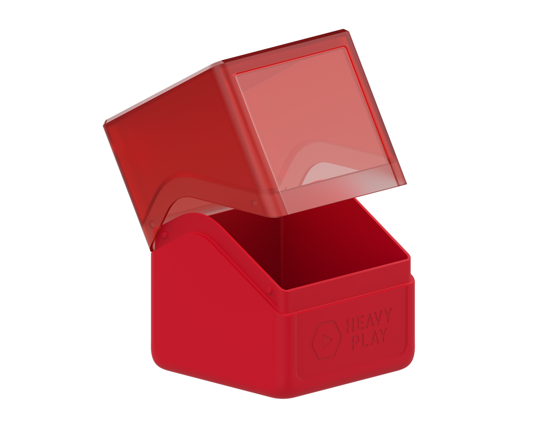 An open shaman red plastic deck box with a translucent lid. A "HEAVY PLAY" logo is on its side