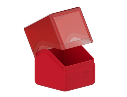 An open shaman red plastic deck box with a translucent lid. A "HEAVY PLAY" logo is on its side