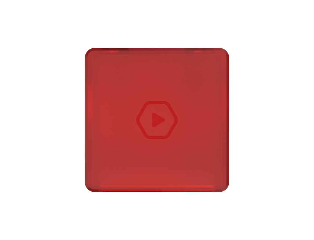 A red square button with rounded corners and a faint hexagonal play icon