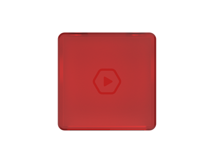 Shaman Red rounded rectangular button with a faint play triangle inside a hexagon outline