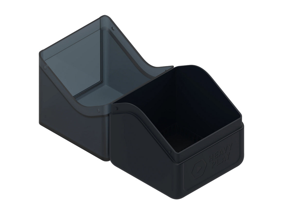 Open, dark gray hinged card deck box, one compartment is translucent, &quot;HEAVY PLAY&quot; logo visible