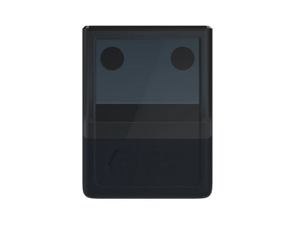 A modern dark gray pencil sharpener with two holes on top, a translucent shaving bin, and a "HEAVY PLAY" logo