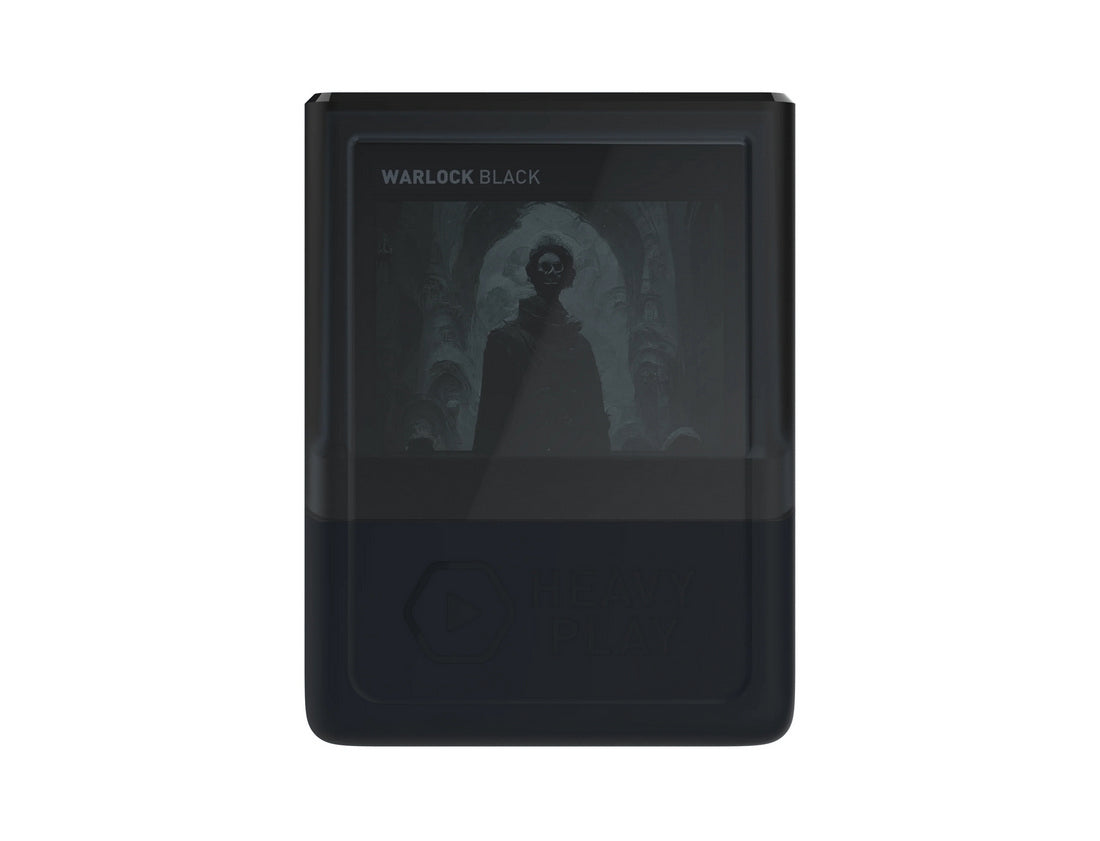 Black media player displaying "Warlock Black" on its screen, showing a dark figure in a gothic setting 