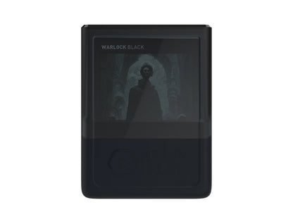 Black media player displaying "Warlock Black" on its screen, showing a dark figure in a gothic setting 