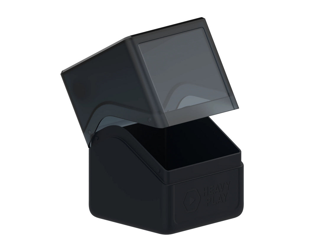Black HEAVY PLAY gaming deck box with an open, translucent lid showing the empty interior
