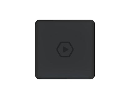 A dark gray square with rounded corners and a video play symbol within a hexagon at its center