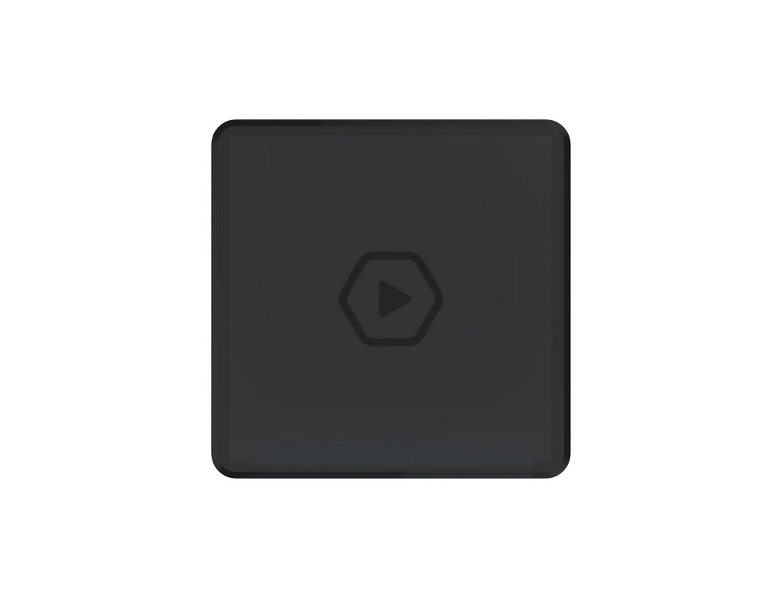 A dark gray square with rounded corners and a video play symbol within a hexagon at its center
