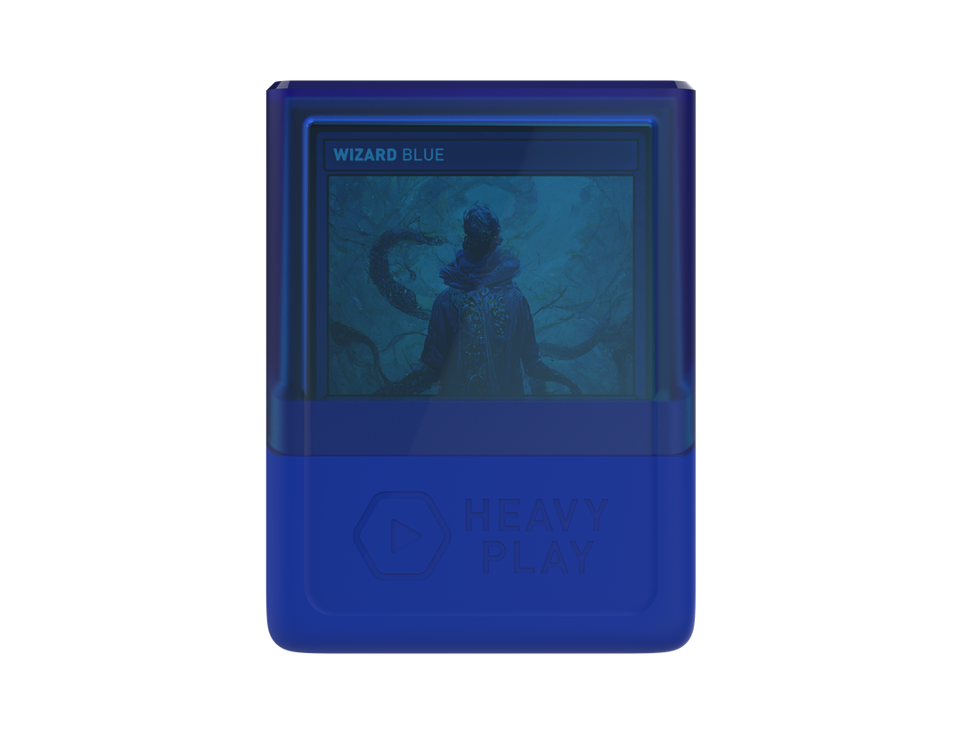 A blue digital card device displays a &quot;WIZARD BLUE&quot; card with a hooded figure. &quot;HEAVY PLAY&quot; logo is embossed below