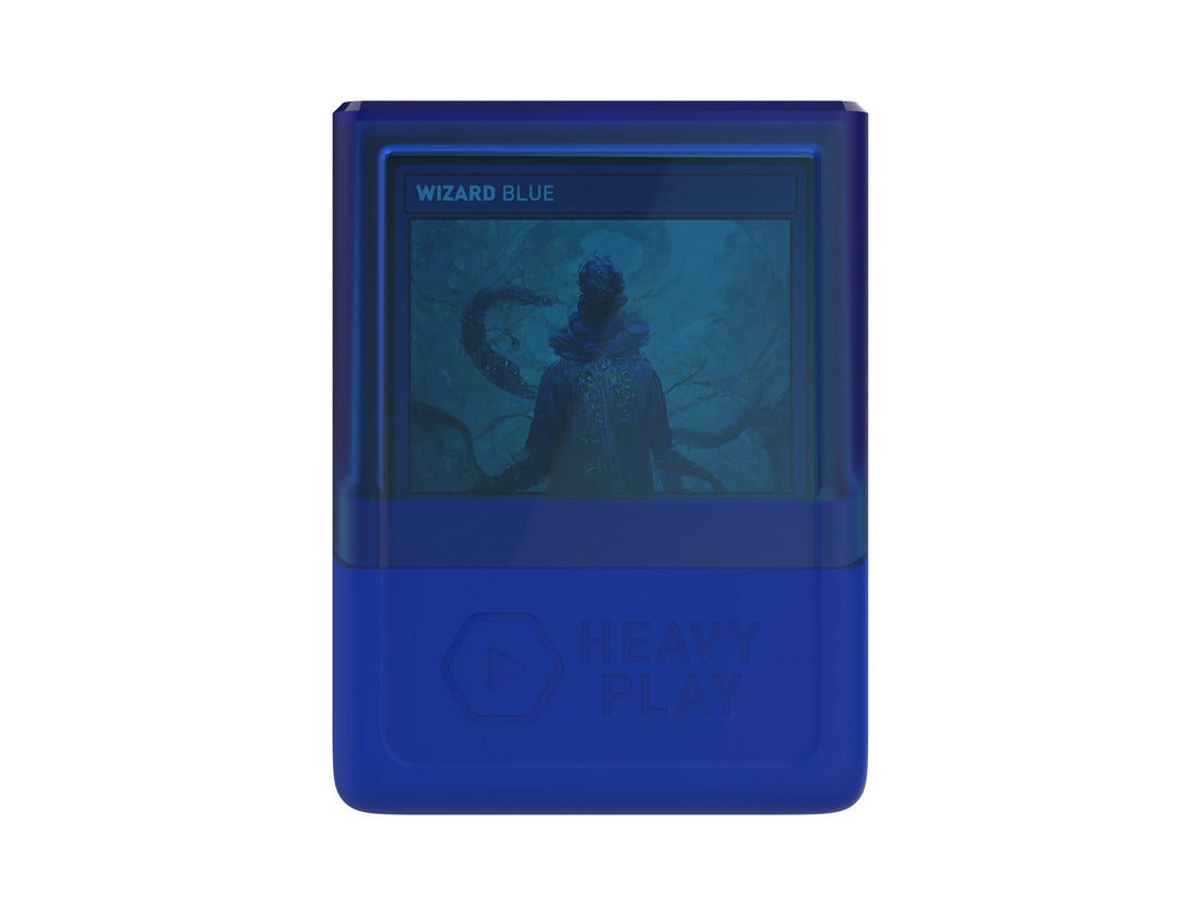 Blue Heavy Play digital card display showing a &#39;Wizard Blue&#39; card with a hooded figure