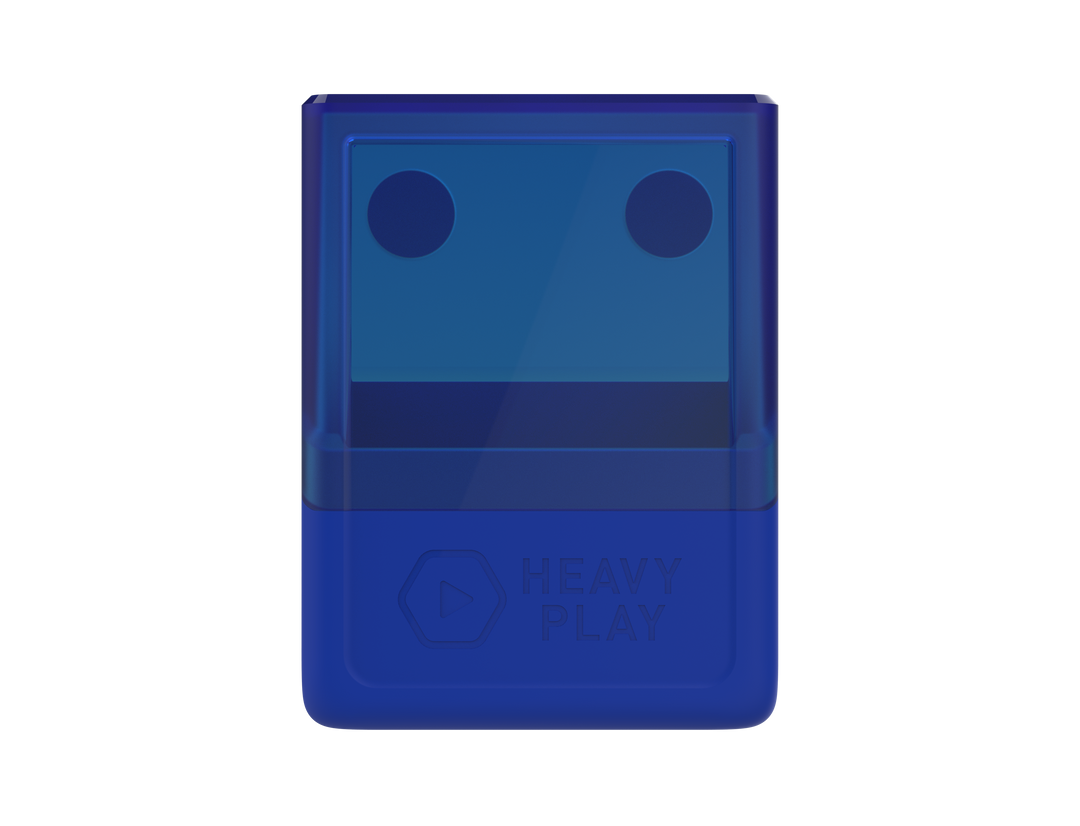 A blue rectangular device with transparent top showing two circles, and opaque base with &#39;HEAVY PLAY&#39; and a play icon