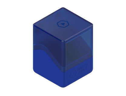 A two-tone blue plastic gaming cube with a translucent dark blue top and opaque royal blue base, marked "HEAVY PLAY" and play symbols