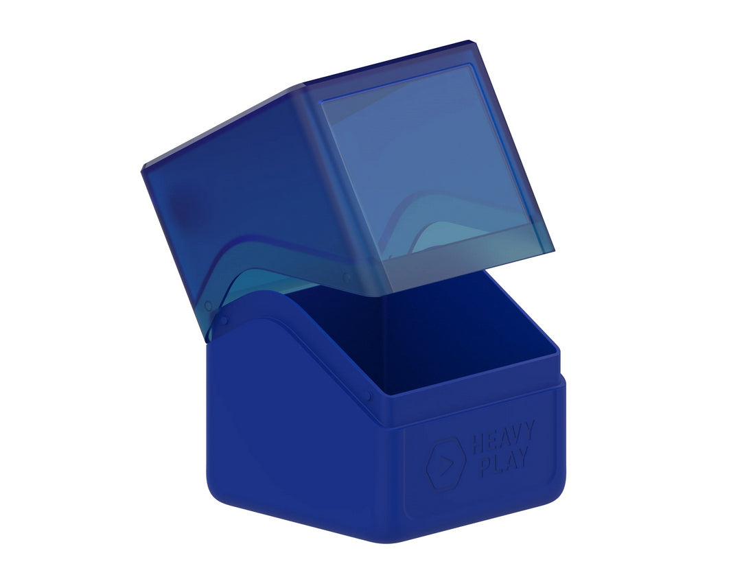 Blue deck box with its translucent blue lid open, &quot;HEAVY PLAY&quot; logo on side 