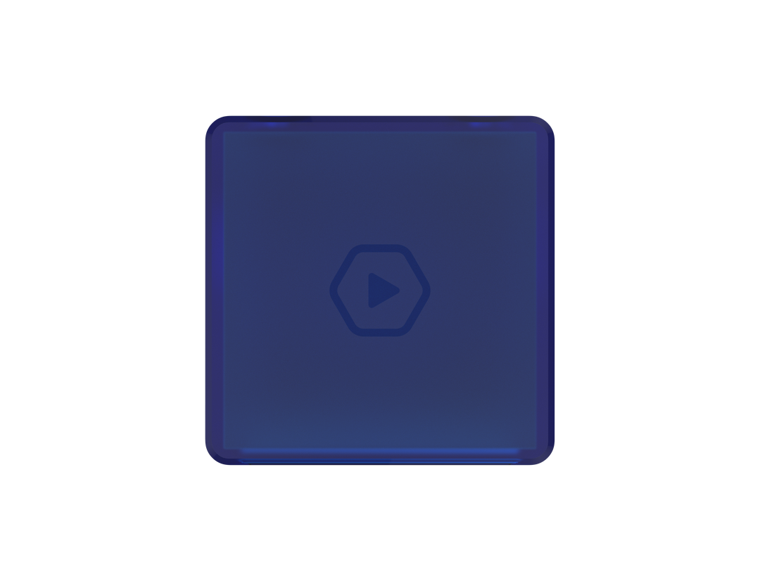 A dark blue rounded square video icon with a hexagonal play button in the center