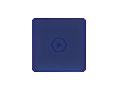 Dark blue square with rounded corners and a hexagonal play button icon