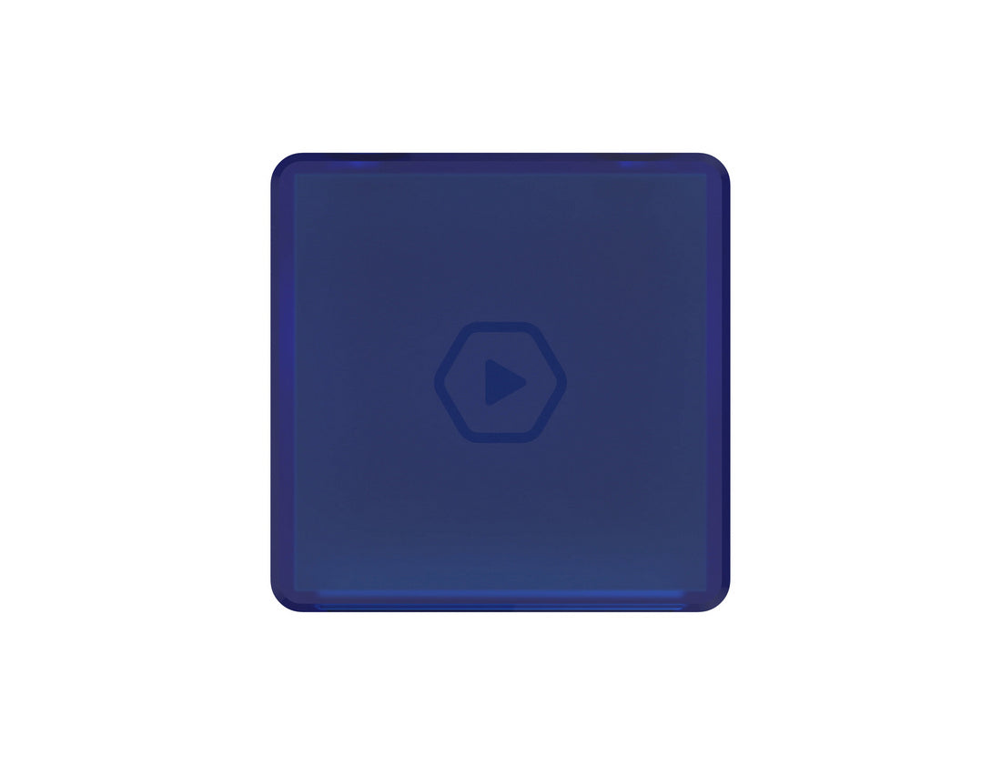 Dark blue square with rounded corners and a hexagonal play button icon