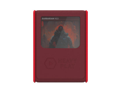 Red card holder displaying "BARBARIAN RED" artwork of a hooded figure, with "HEAVY PLAY" logo