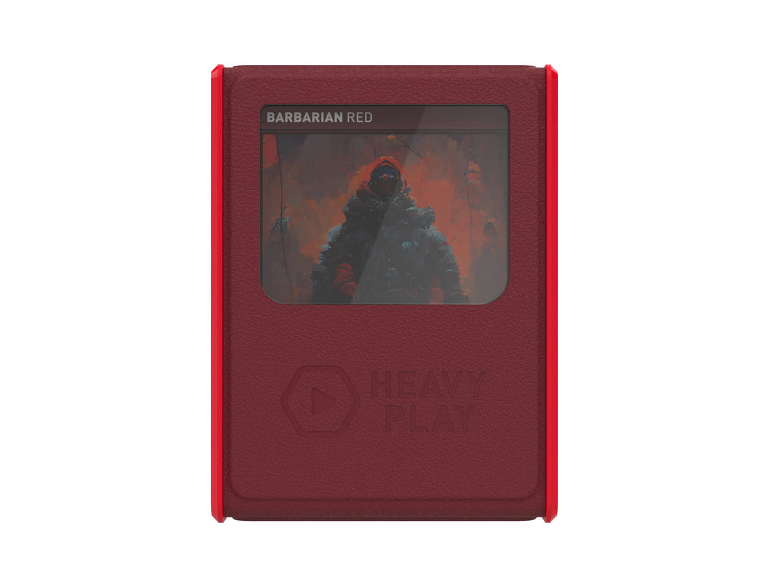 Red card holder displaying &quot;BARBARIAN RED&quot; artwork of a hooded figure, with &quot;HEAVY PLAY&quot; logo