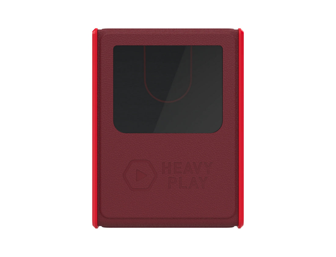 Burgundy rectangular device with a black display window showing a red &#39;U&#39; shape, and an embossed &#39;HEAVY PLAY&#39; logo